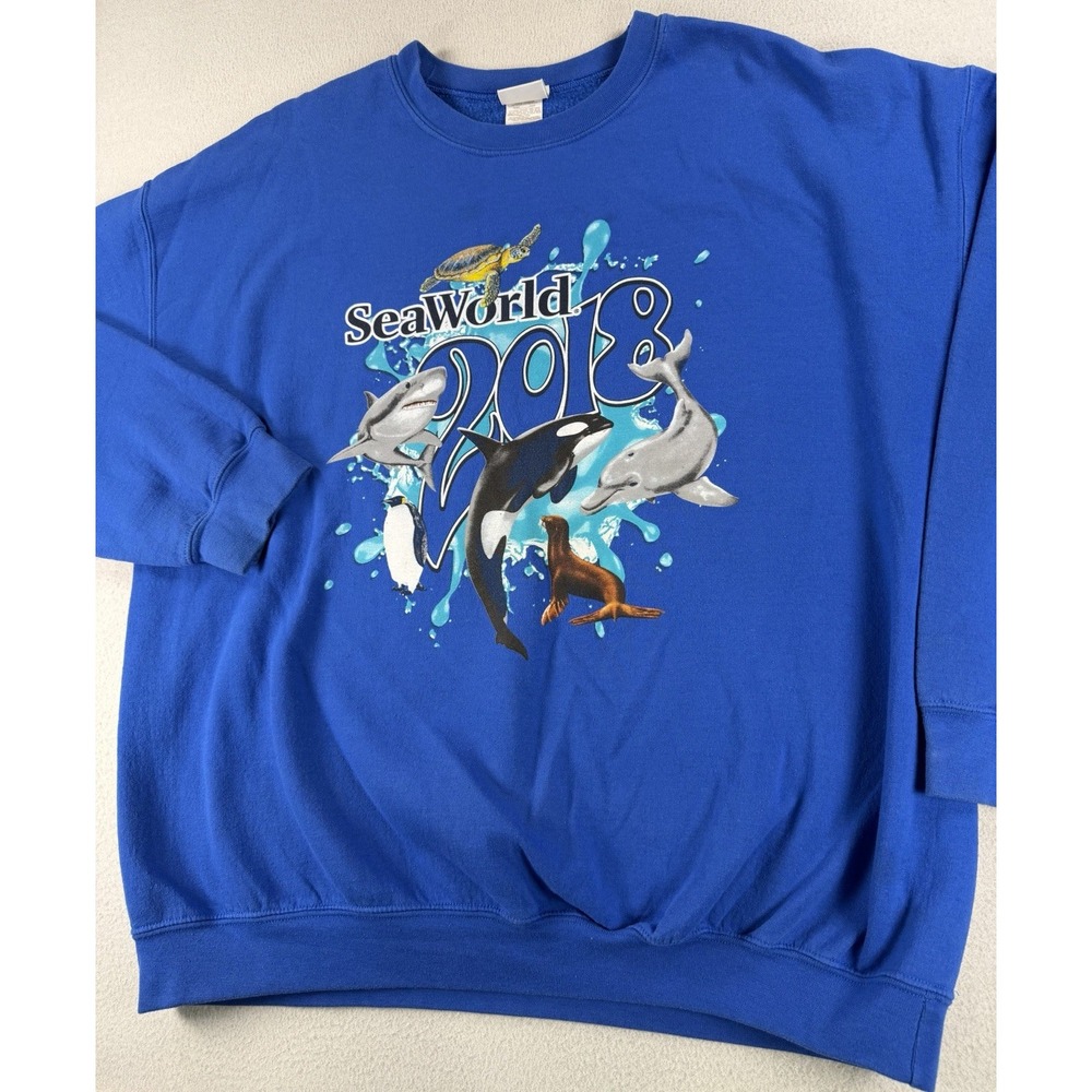 VTG Sea World Graphic Print Crewneck Sweater BLUE 2XL XXL Whale Dolphin
